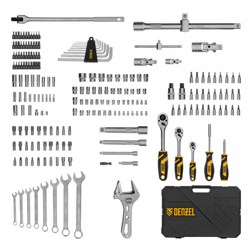 Набор инструментов, 1/2", 1/4", 3/8", CrV, S2, пластиковый кейс, 216 предметов Denzel Набор инструментов, 1/2", 1/4", 3/8", CrV, S2, пластиковый кейс, 216 предметов Denzel