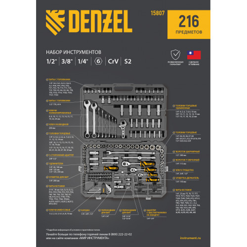 Набор инструментов, 1/2", 1/4", 3/8", CrV, S2, пластиковый кейс, 216 предметов Denzel Набор инструментов, 1/2", 1/4", 3/8", CrV, S2, пластиковый кейс, 216 предметов Denzel